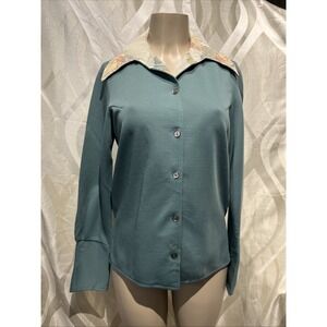 Vintage 70s Women's Floral Leisure Suit Button Down Top- Large Muted Green